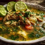 Close-up slight angle of homemade Authentic Crockpot Chicken Pozole Verde on white plate