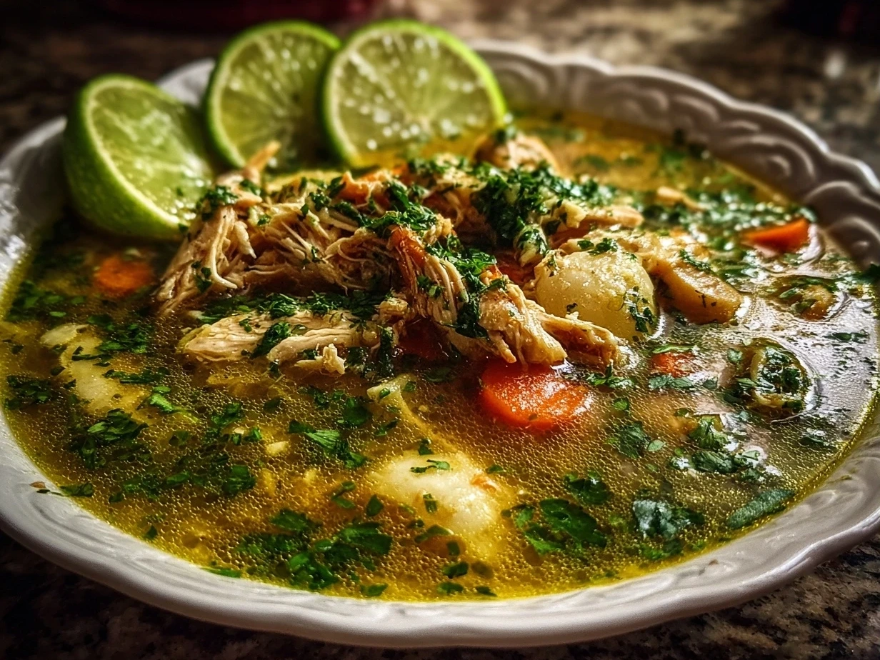Close-up slight angle of homemade Authentic Crockpot Chicken Pozole Verde on white plate