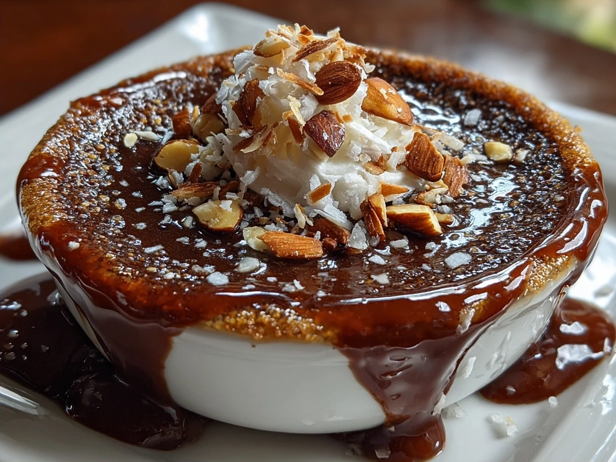 Finished Coconut Almond Chocolate Pudding in a glass, garnished and ready to serve