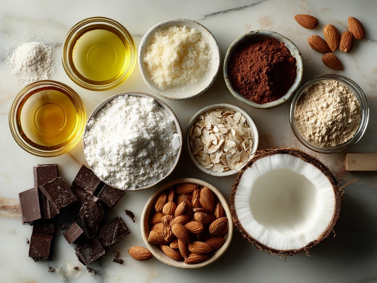 Ingredients for Coconut Almond Chocolate Pudding laid out on a kitchen counter