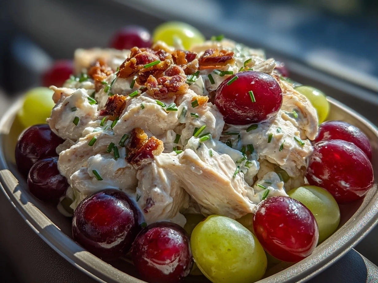 Finished Chicken Salad Chick Grape Salad served in a clear dish