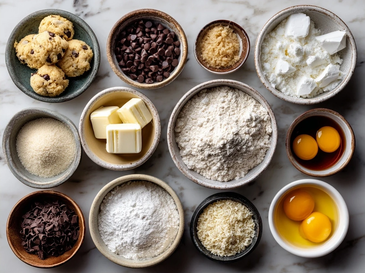 Ingredients for Cookie Dough Frozen Yogurt Bites on a wooden table