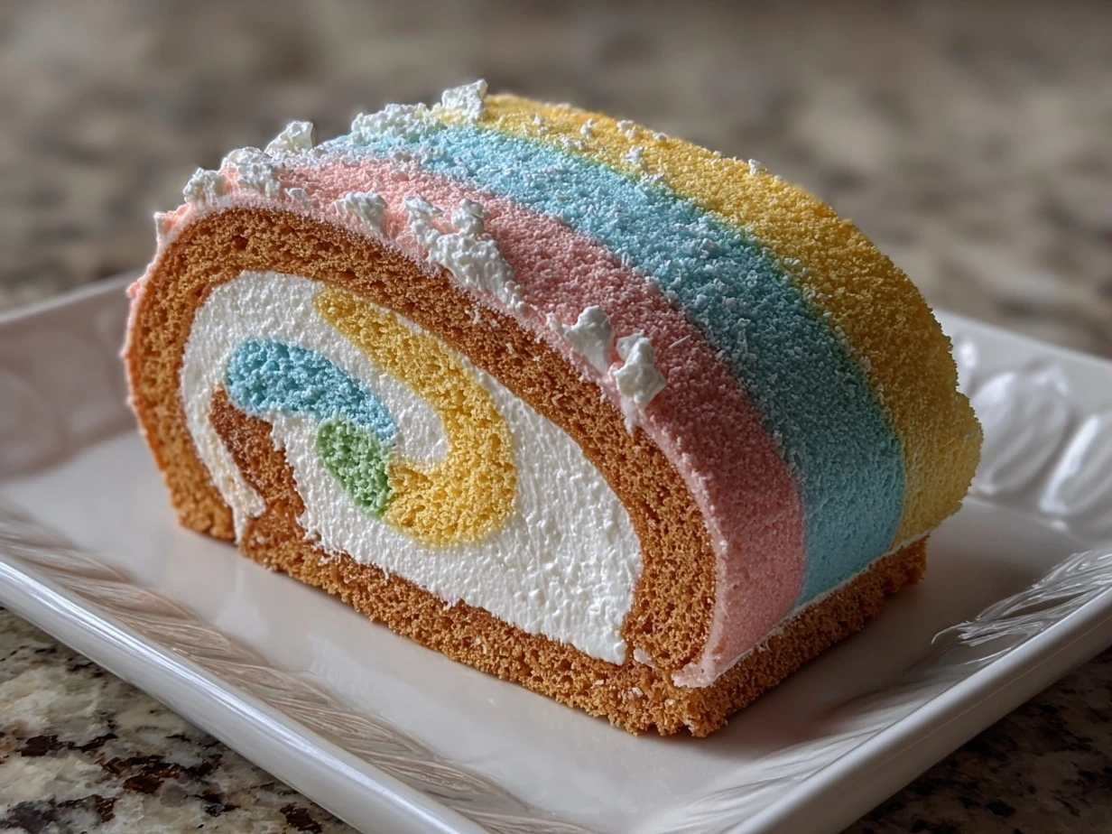 Final Cotton Candy Swiss Cake Roll with colorful swirl cake and creamy filling roll