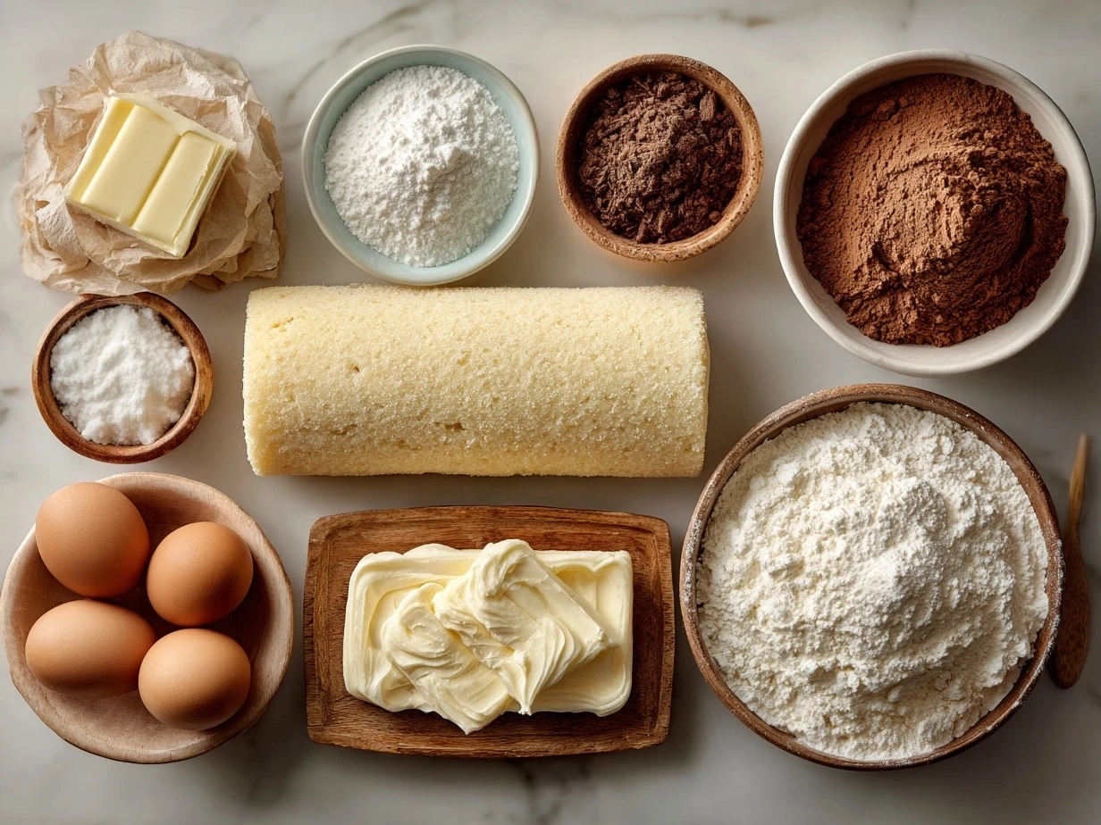 Ingredients for Cotton Candy Swiss Cake Roll including eggs, flour, sugar, food coloring gels