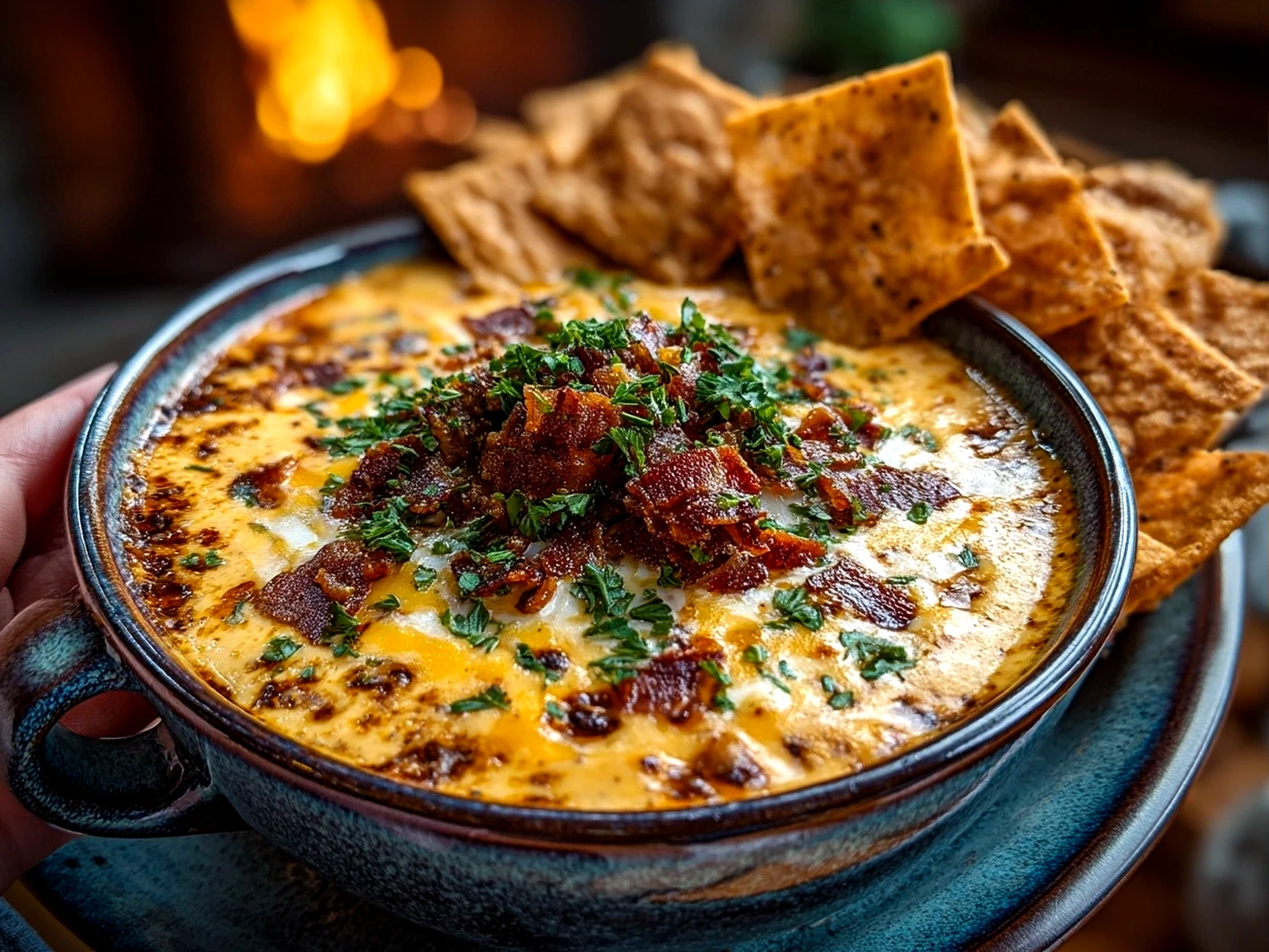 Cowboy Queso Dip served warm in a bowl with tortilla chips on the side