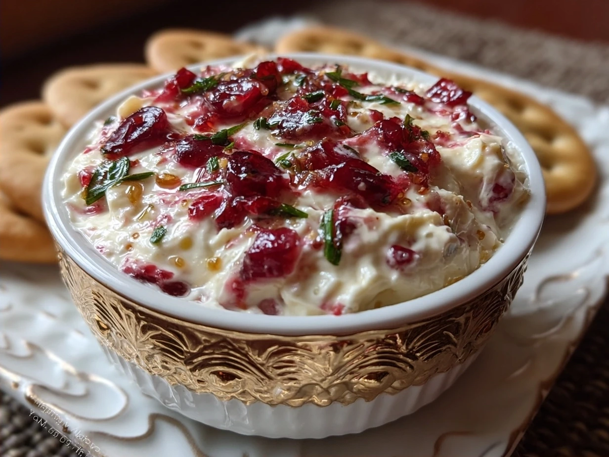 Serving Cranberry Jalapeno Cream Cheese Dip with crackers and fresh veggies on a festive table