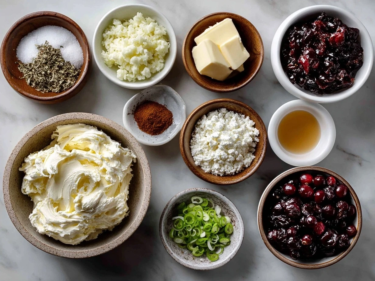 Ingredients for Cranberry Jalapeno Cream Cheese Dip: cream cheese, cranberry sauce, jalapenos, green onions, garlic, honey