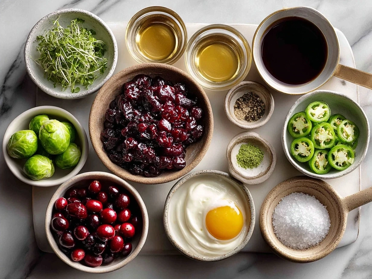 Ingredients for Cranberry Jalapeño Dip including cream cheese, cranberry sauce, jalapeños, green onions, honey, smoked paprika, salt and pepper