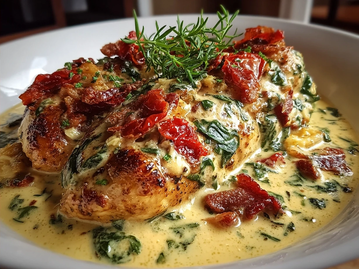 Delicious Creamy Tuscan Chicken served on a plate with creamy sauce and herbs