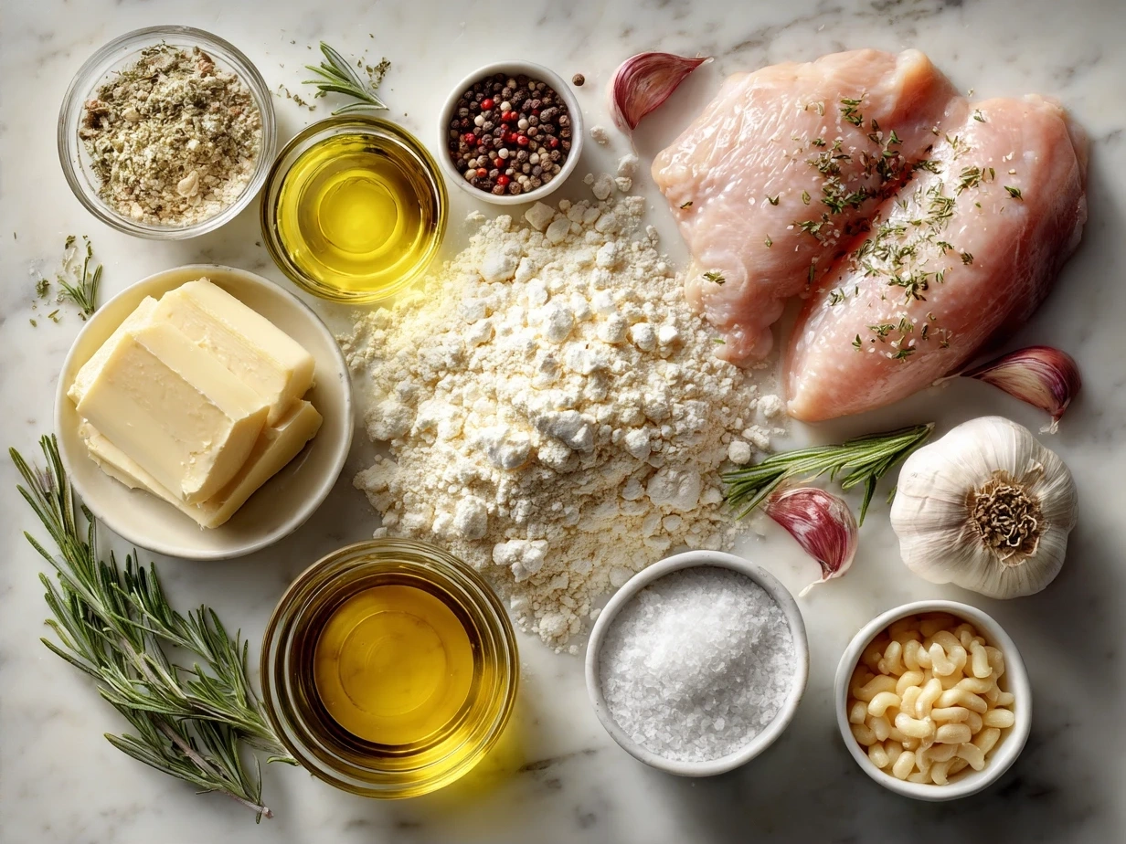 Ingredients for Creamy Tuscan Chicken recipe including chicken, garlic, sun-dried tomatoes, spinach, cream, and Parmesan cheese
