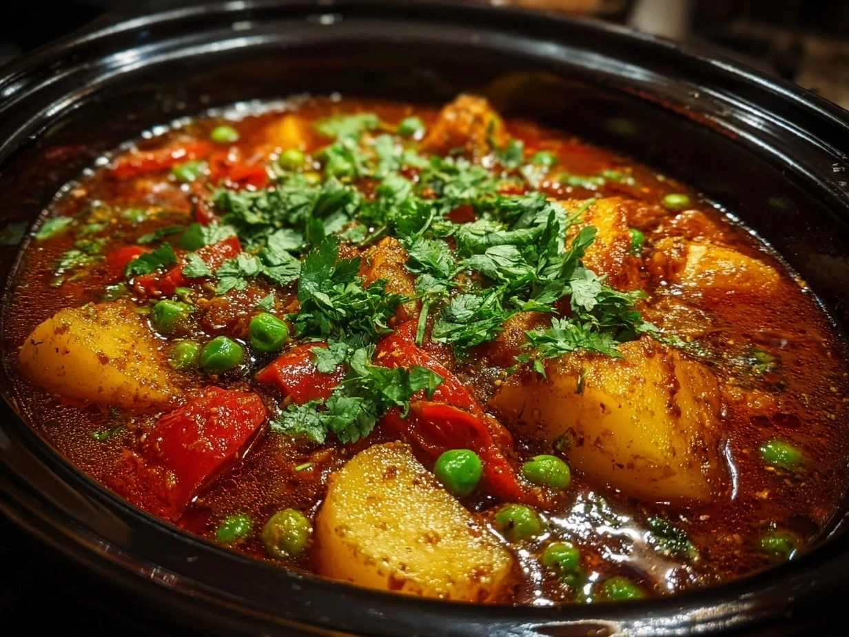 Serving Crockpot Potato Pea Curry with basmati rice and naan bread