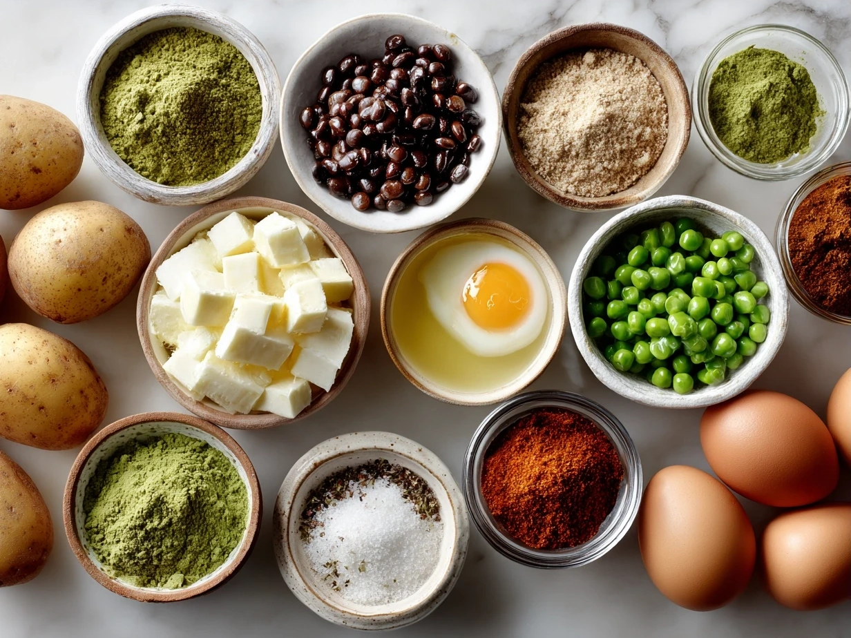 Ingredients for Crockpot Potato Pea Curry laid out in bowls