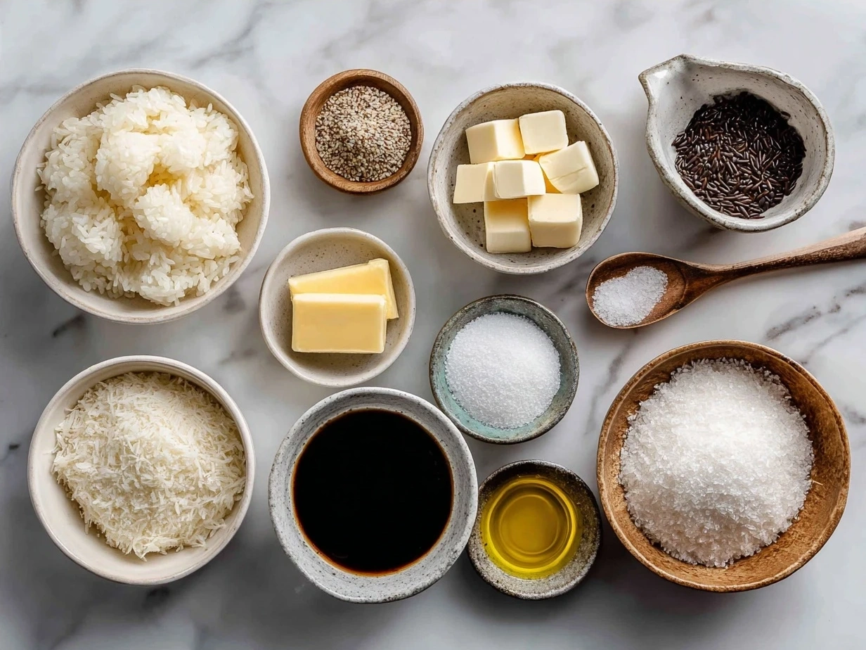Ingredients for Easy Yaki Onigiri including rice, soy sauce, mirin, sugar, and oil