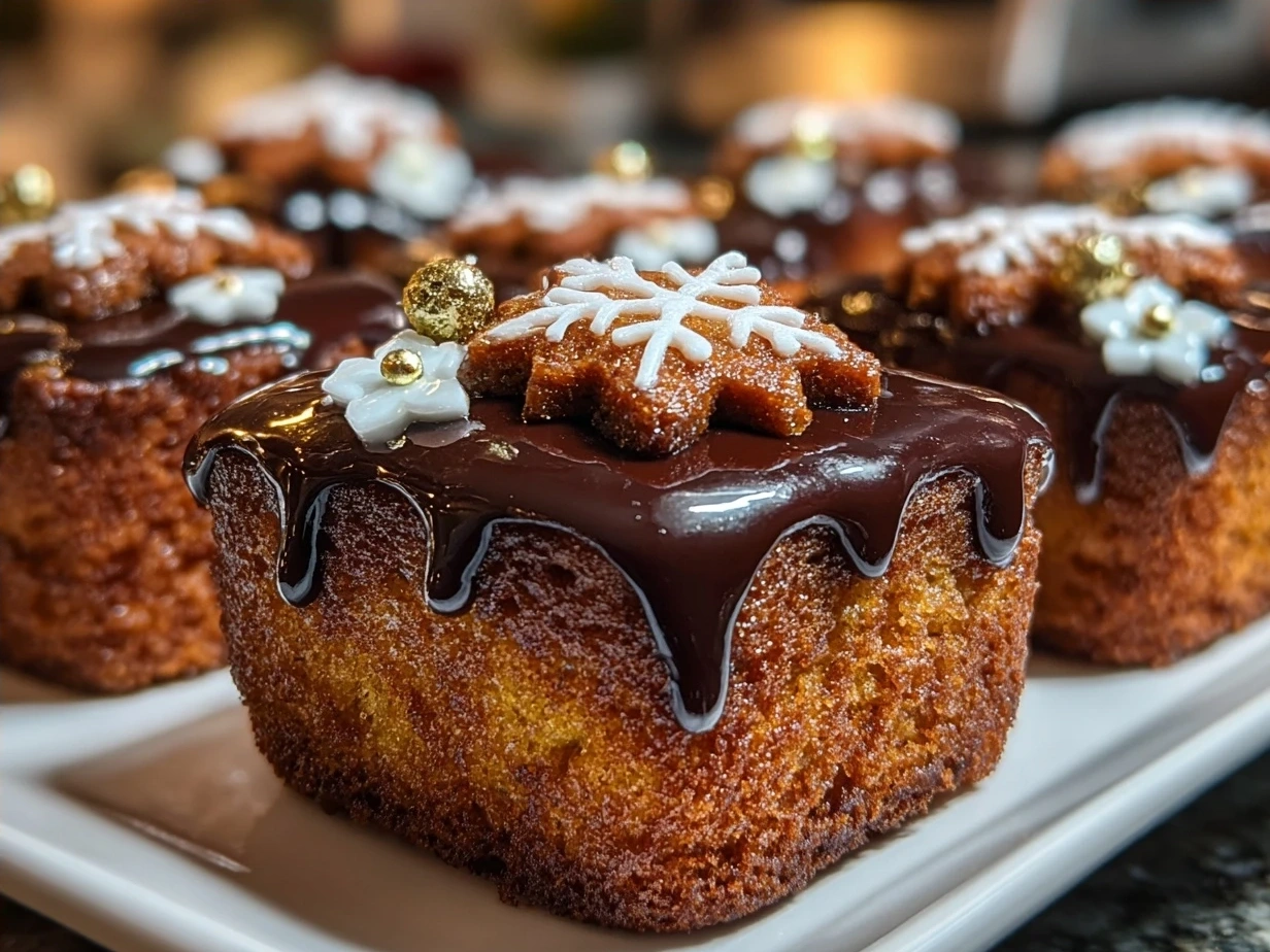 A stack of Festive Mini Christmas Cakes with glossy chocolate ganache on top garnished for the holiday season