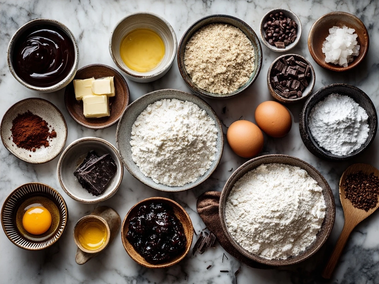 Ingredients laid out for Festive Mini Christmas Cakes with Ganache including dried fruits, nuts, butter, and chocolate