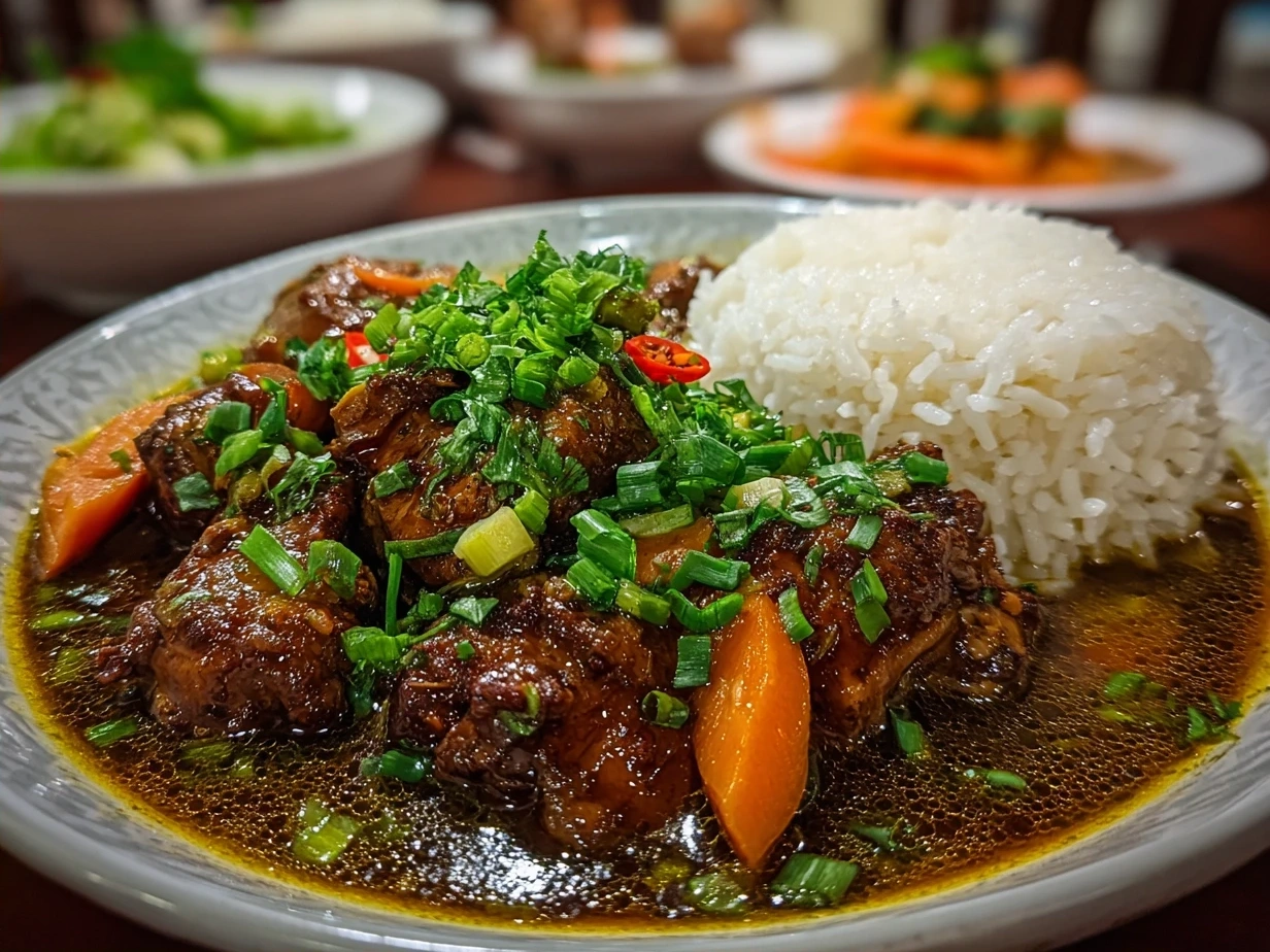 Final plated Filipino Chicken Adobo with rich caramel-glazed chicken on a serving dish