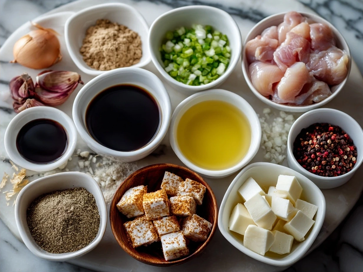 Ingredients for Filipino Chicken Adobo: chicken thighs, garlic, vinegar, soy sauce, bay leaves, peppercorns, brown sugar, cooking oil, and water