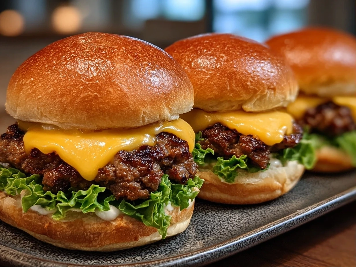Close up of finished Cheeseburger Sliders on Hawaiian Rolls with melted cheese and pickles