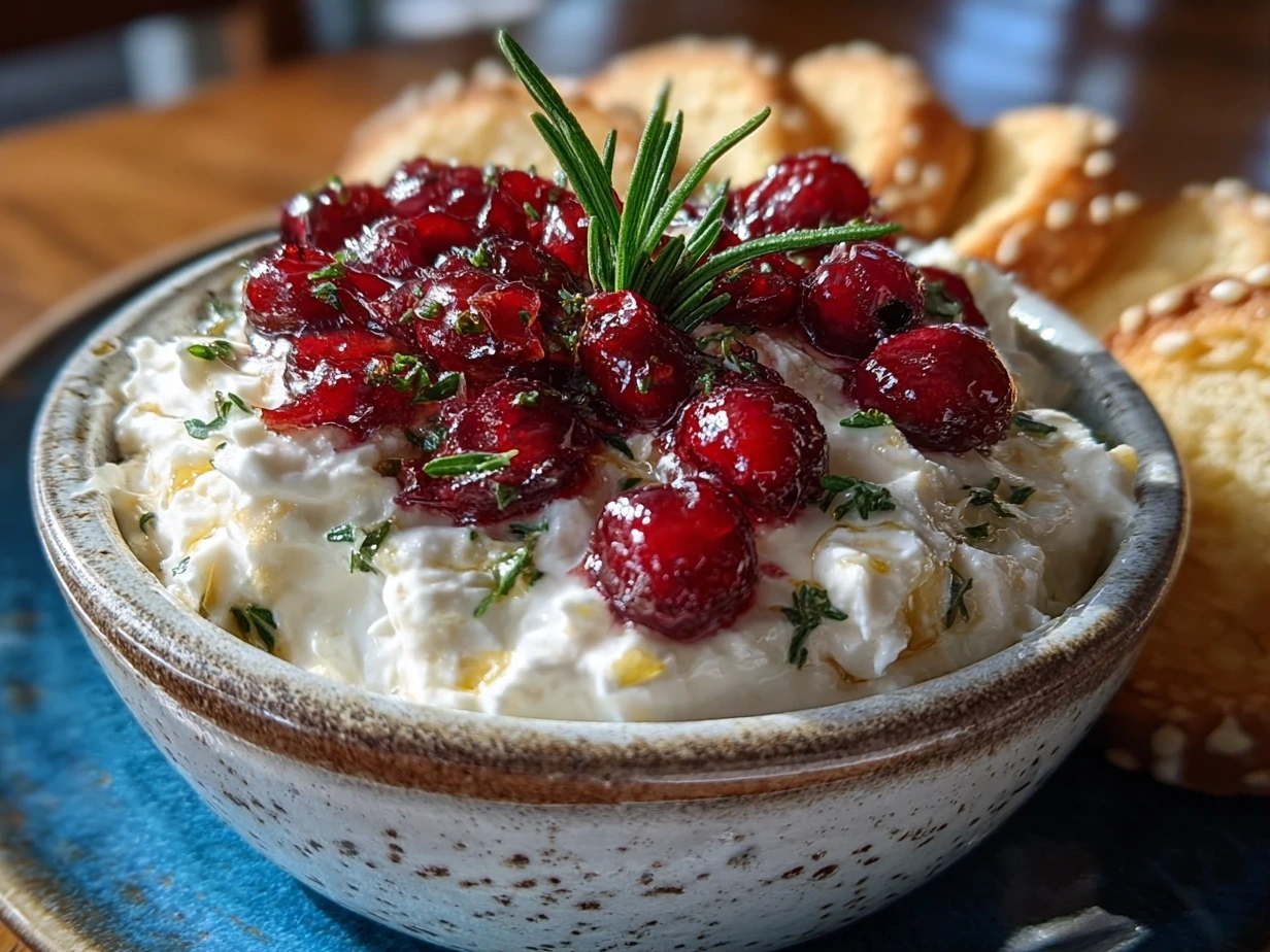 Close-up of finished Cranberry Jalapeno Cream Cheese Dip showing creamy texture with cranberries and jalapeno bits