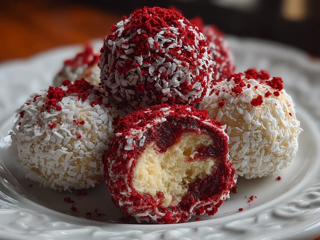 Finished No-Bake Red Velvet Snowball Truffles arranged on a plate with powdered sugar dusting