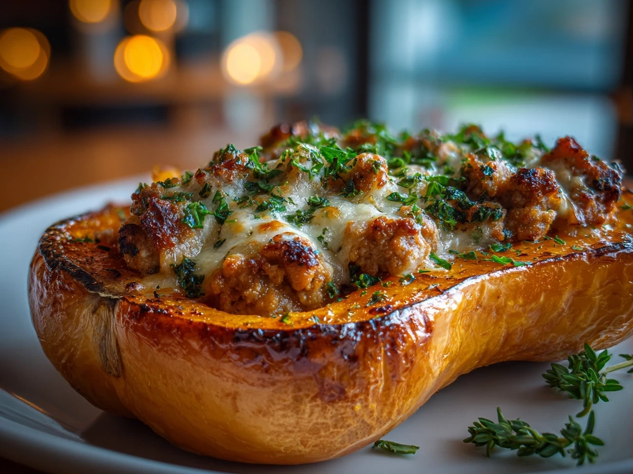 Close-up of finished roasted butternut squash with ground turkey, showing caramelized squash cubes and browned turkey