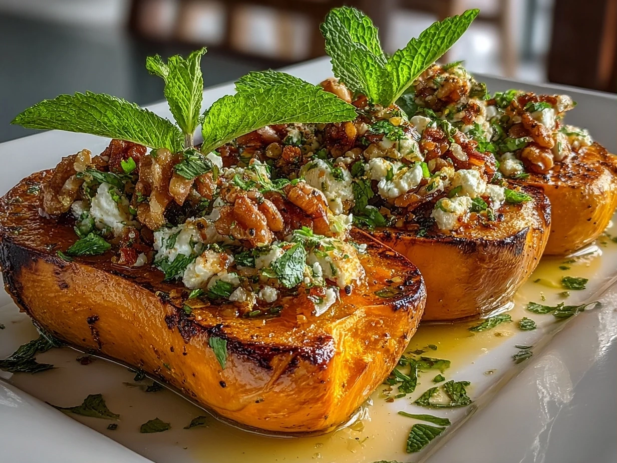 Close-up of finished Simanim Stuffed Butternut Squash with fresh herbs garnish
