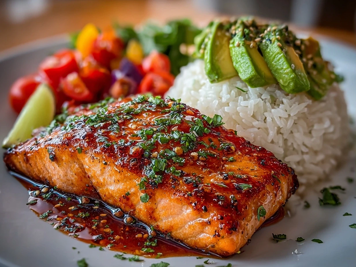Close-up of finished Teriyaki Salmon Avocado Rice with glossy salmon, creamy avocado slices, and sesame seed garnish