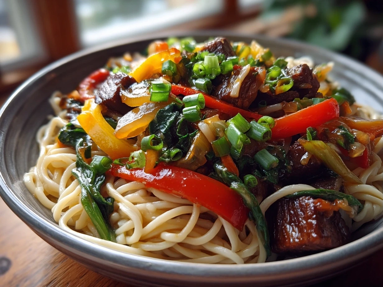 Finished Vegan Teriyaki Noodle Bowl with tofu, noodles, broccoli, and bell pepper