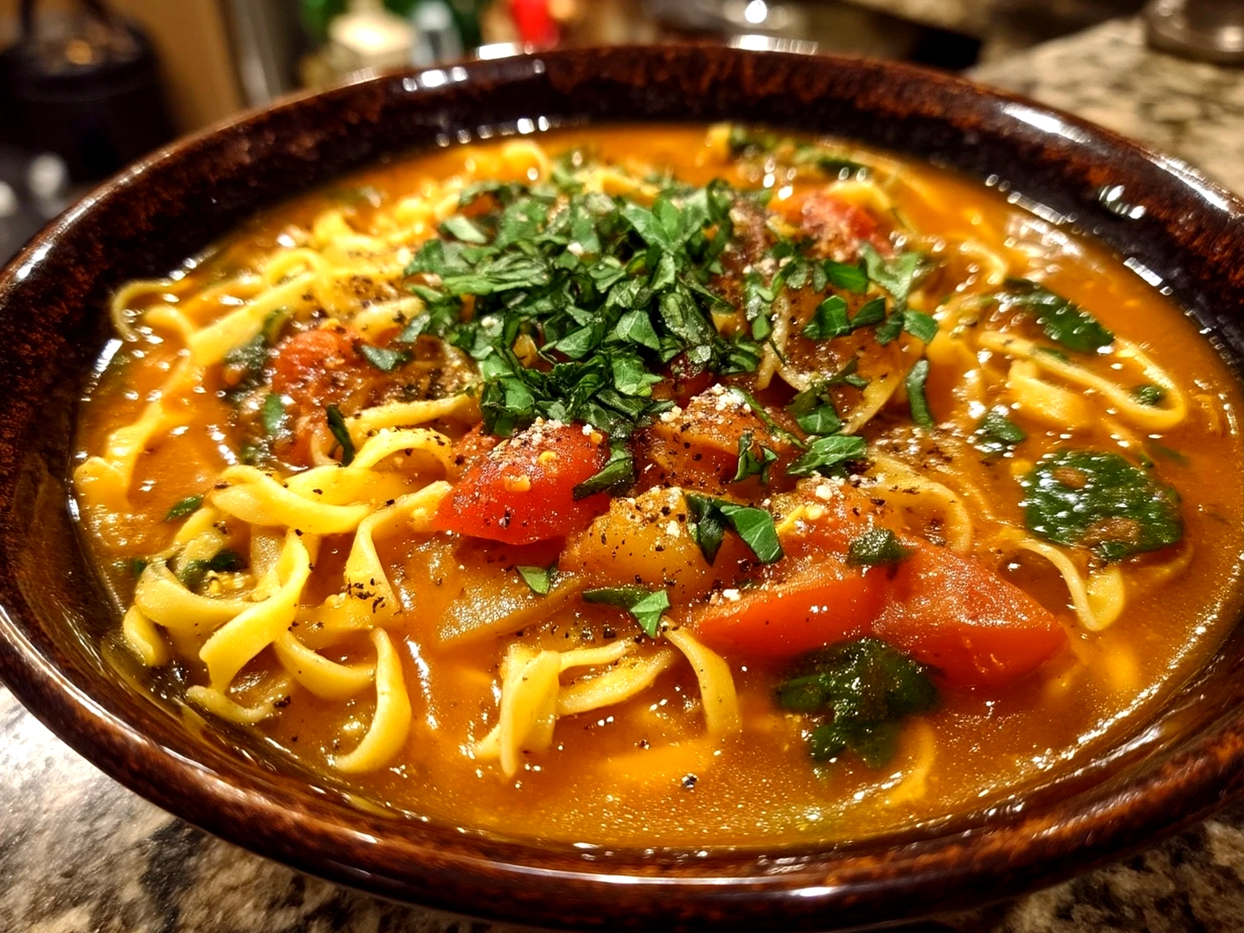 Close-up of finished delicious tomato basil noodle soup in a bowl, fresh and vibrant.