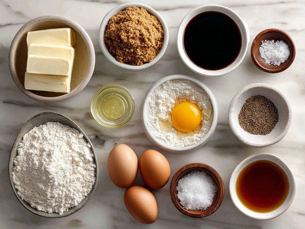Ingredients for French Toast Bake recipe including bread cubes, eggs, milk, sugar, vanilla, cinnamon, salt, butter.