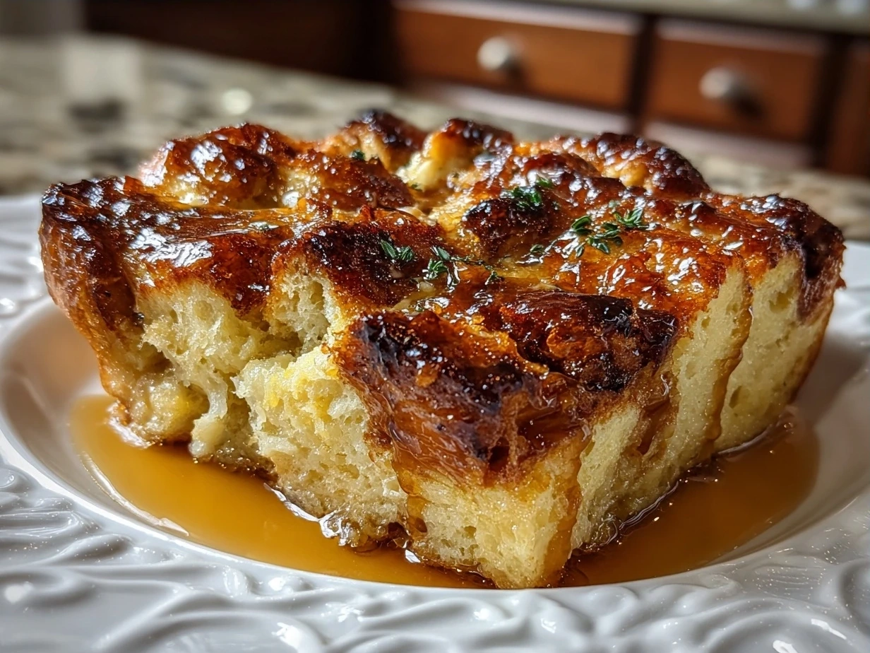 Golden baked French Toast Casserole served on a rustic plate