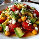 Fresh chickpea feta avocado salad plated beautifully