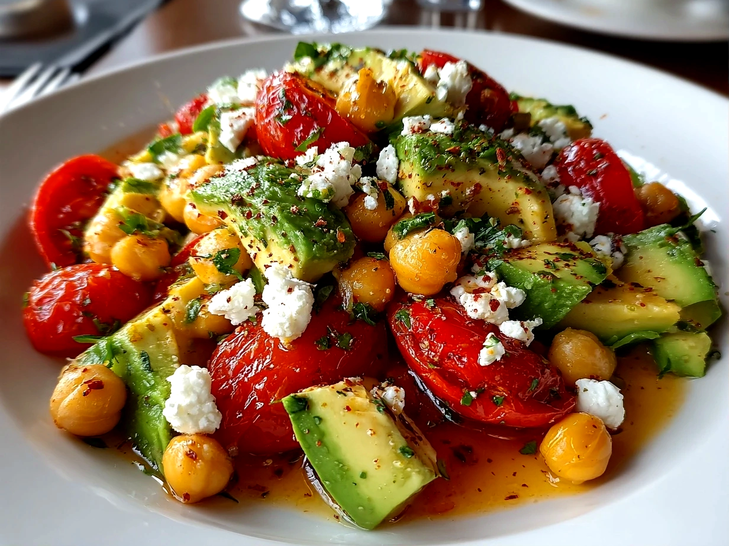 Fresh chickpea feta avocado salad plated beautifully