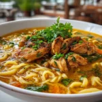 Freshly prepared Turmeric Ginger Chicken Noodle Soup close-up