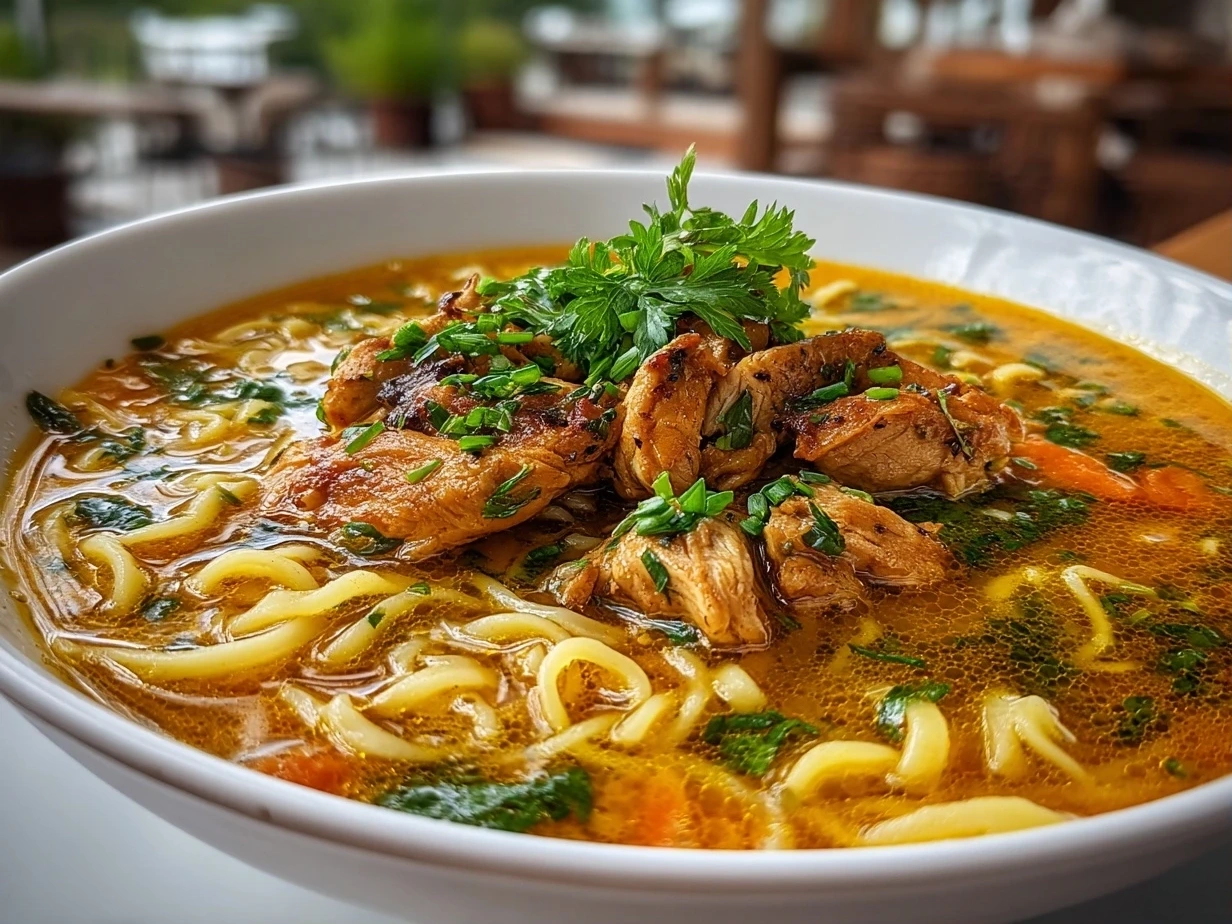 Freshly prepared Turmeric Ginger Chicken Noodle Soup close-up