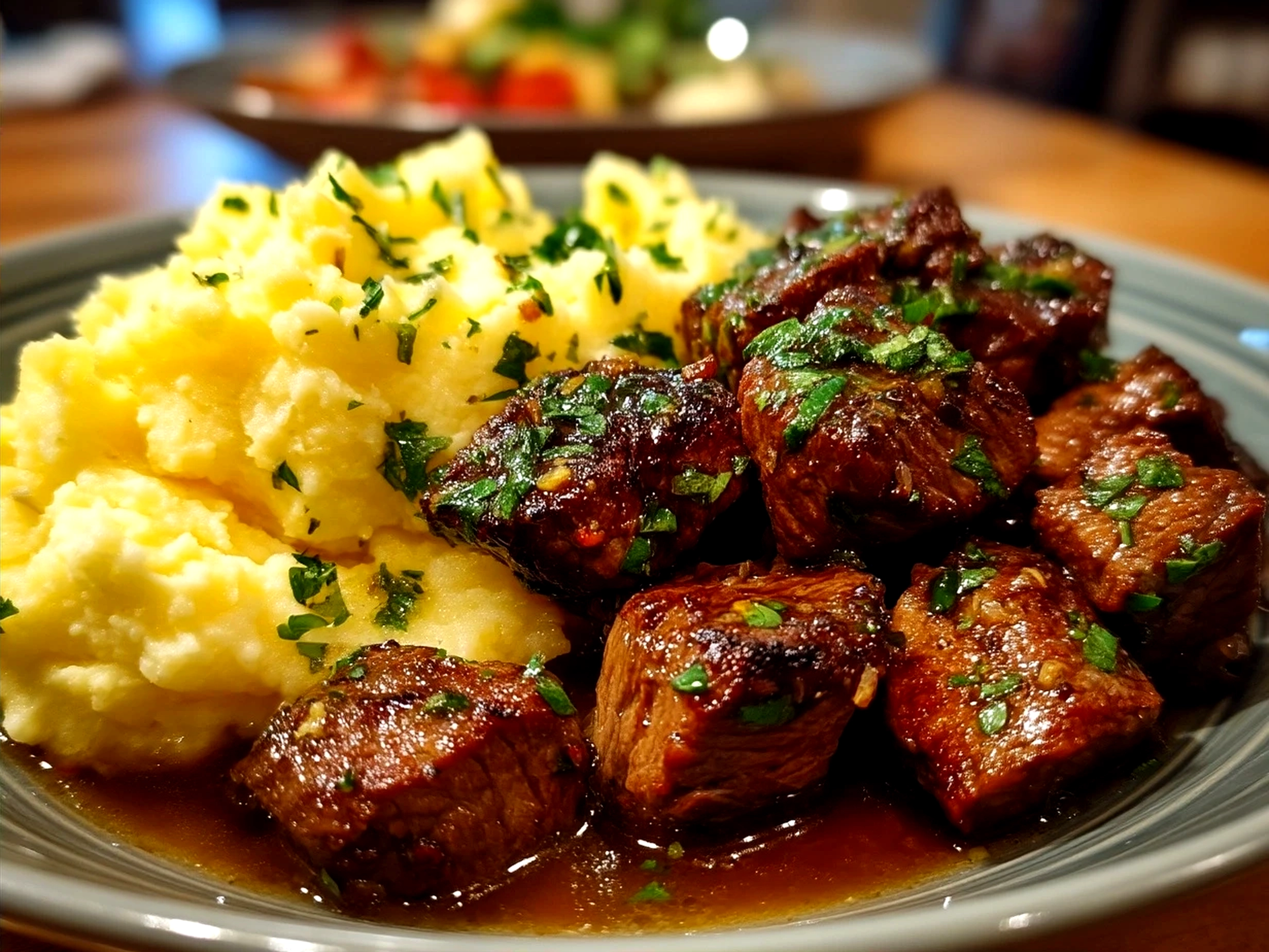 Serving Garlic Butter Beef Bites with Creamy Mashed Potatoes