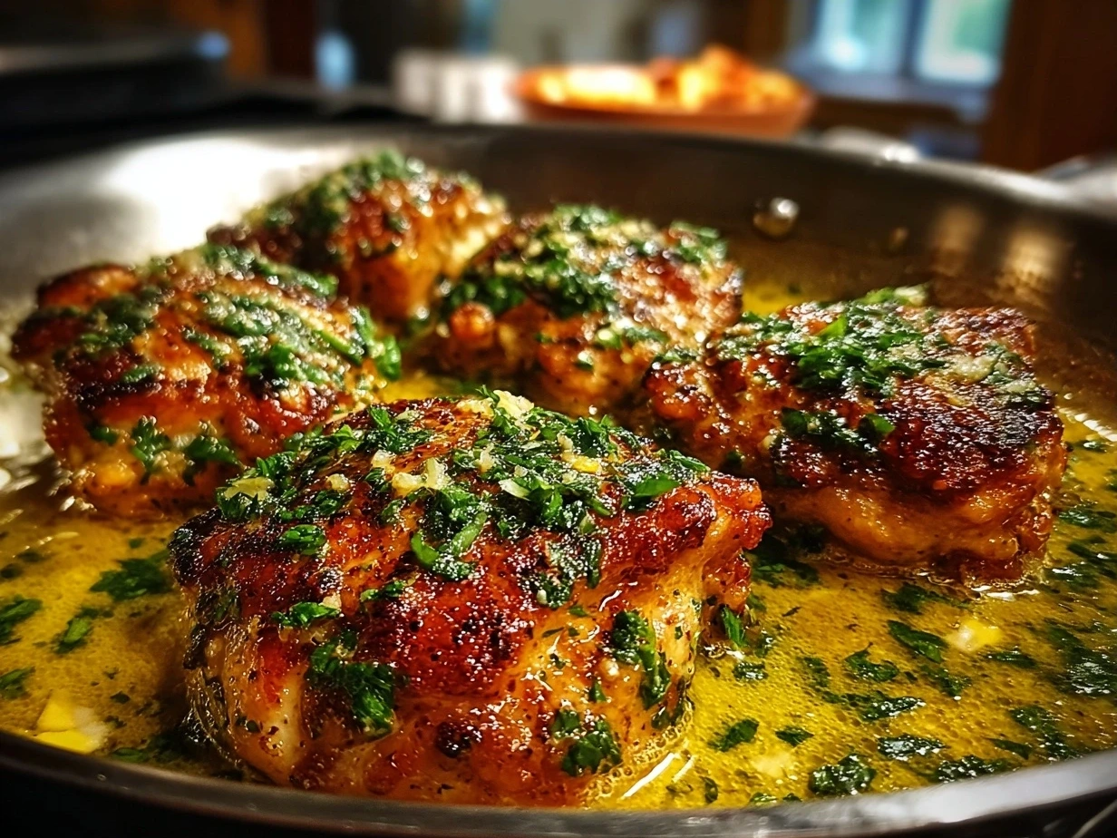 Finished Garlic Butter Chicken Thigh Skillet with crispy golden chicken thighs garnished with fresh parsley