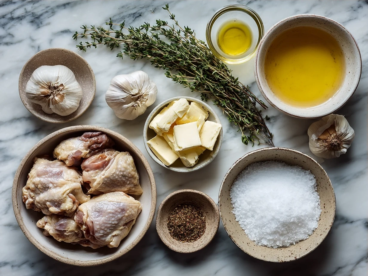 Ingredients for Garlic Butter Chicken Thigh Skillet including chicken thighs, butter, garlic, paprika, and herbs