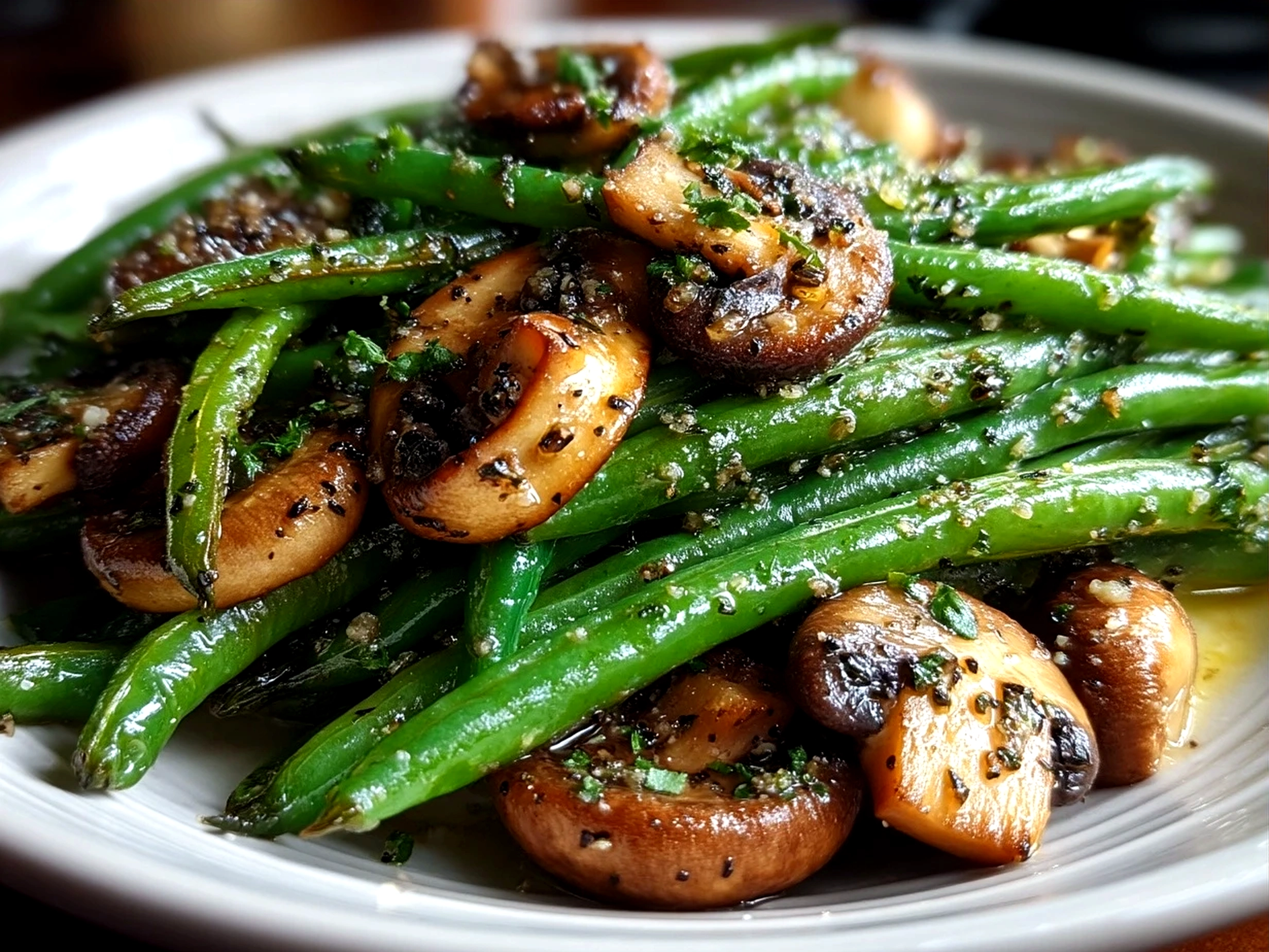 Plate of Garlic Butter Sauted Green Beans and Mushrooms served ready to eat