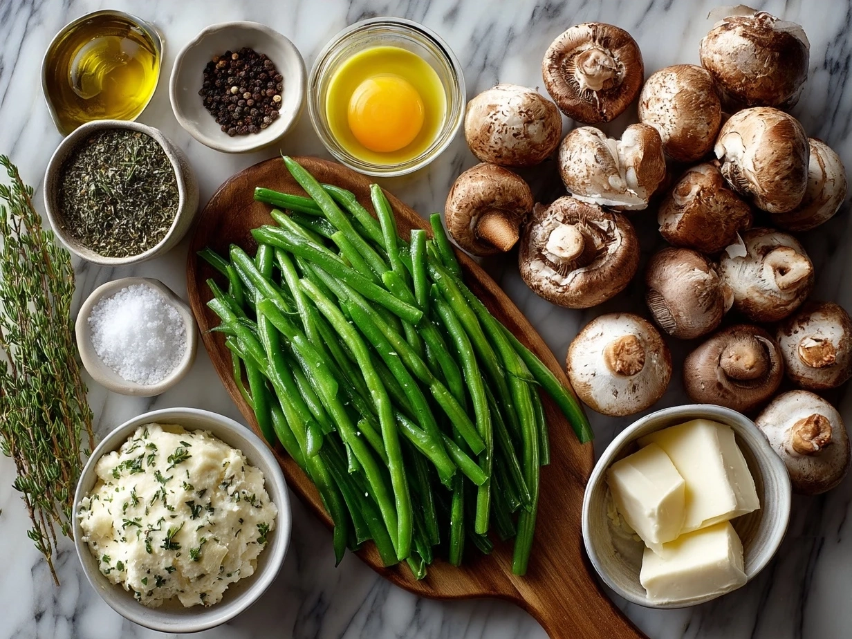 Ingredients for Garlic Butter Sauted Green Beans and Mushrooms: fresh green beans, mushrooms, butter, garlic, salt, pepper, thyme, olive oil, and lemon