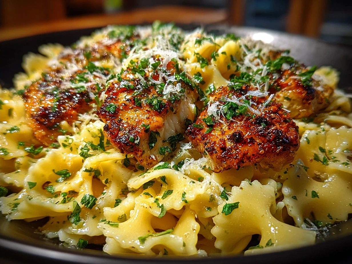 Serving of creamy garlic Parmesan chicken pasta garnished with parsley