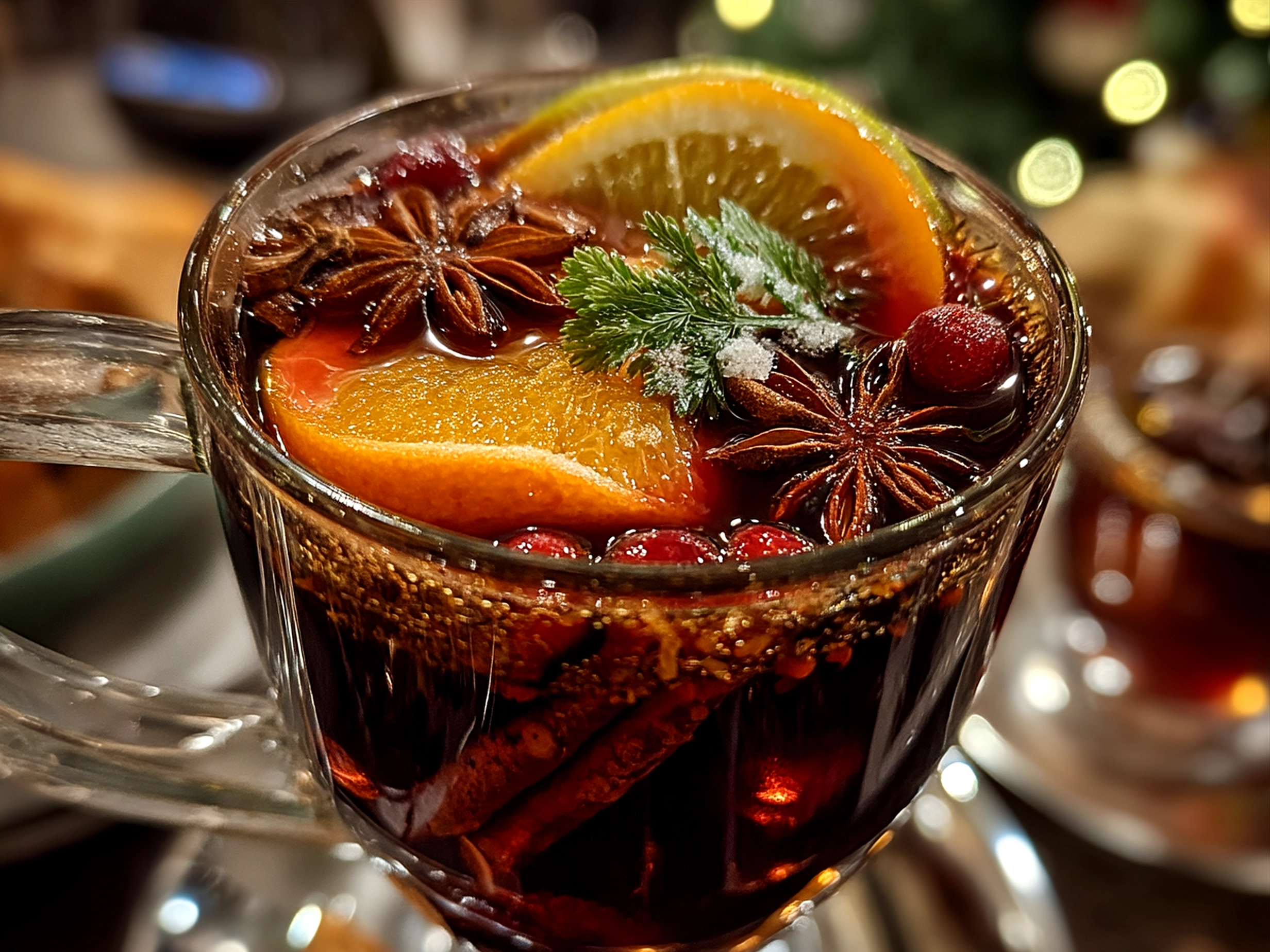Glass of German Mulled Wine Glhwein garnished with cinnamon stick and orange slice