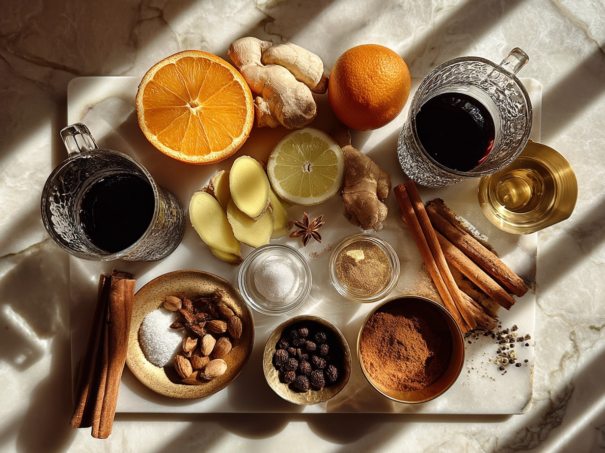 Ingredients for German Mulled Wine Glhwein on a wooden table