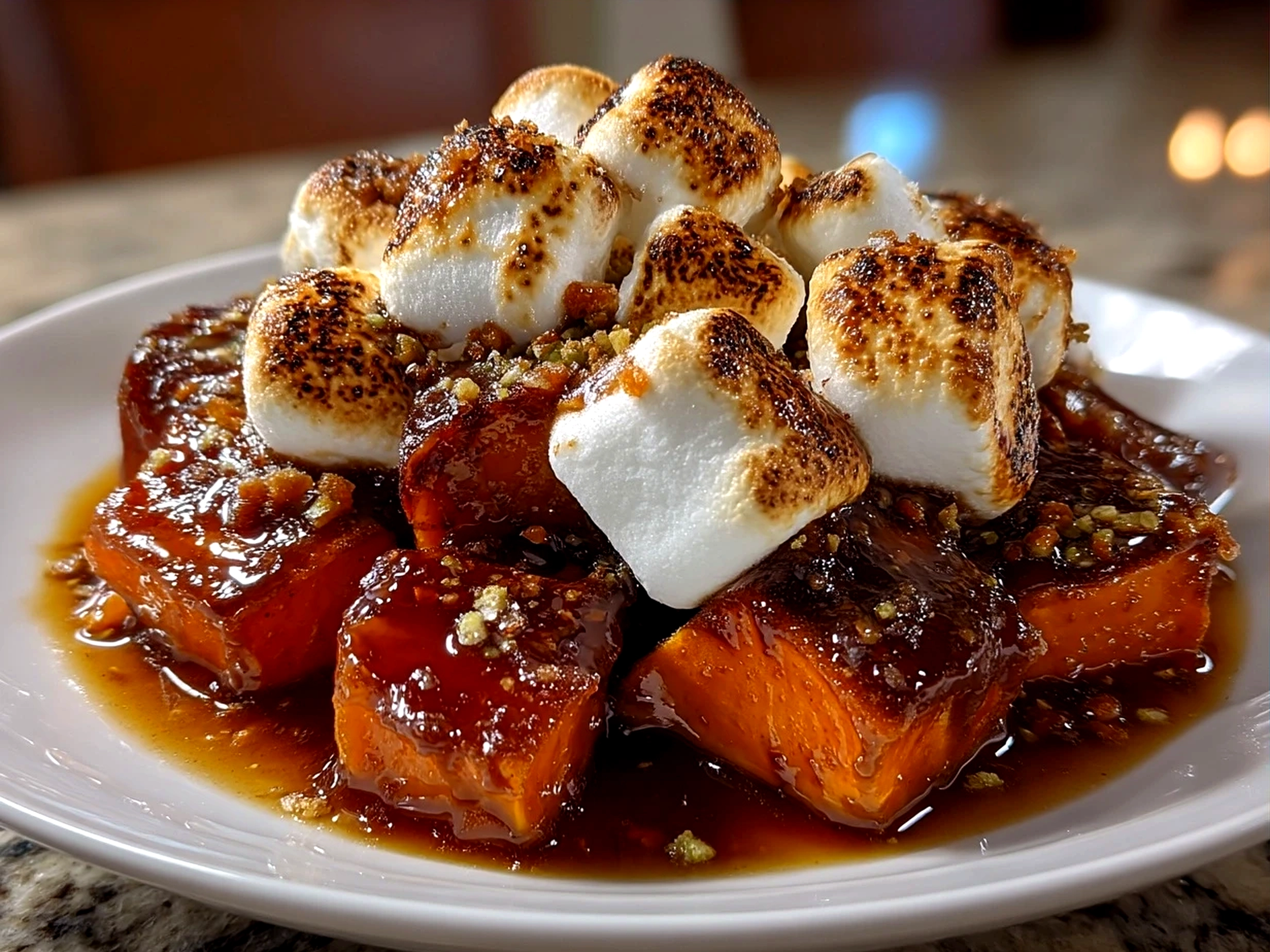 Finished Glazed Candied Sweet Potatoes With Marshmallows served in a warm dish garnished with fresh thyme
