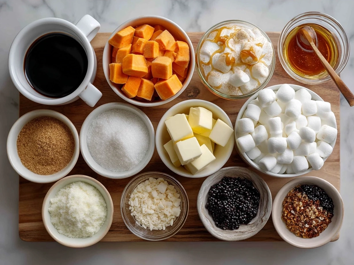 Ingredients for Glazed Candied Sweet Potatoes With Marshmallows including sweet potatoes, brown sugar, spices, and mini marshmallows