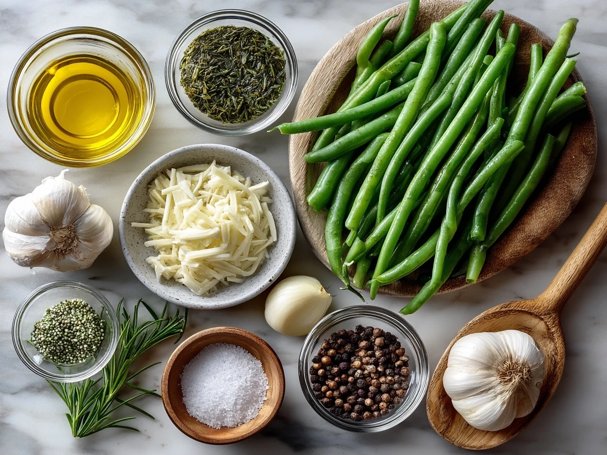 Fresh green beans and ingredients for cooking including garlic and olive oil