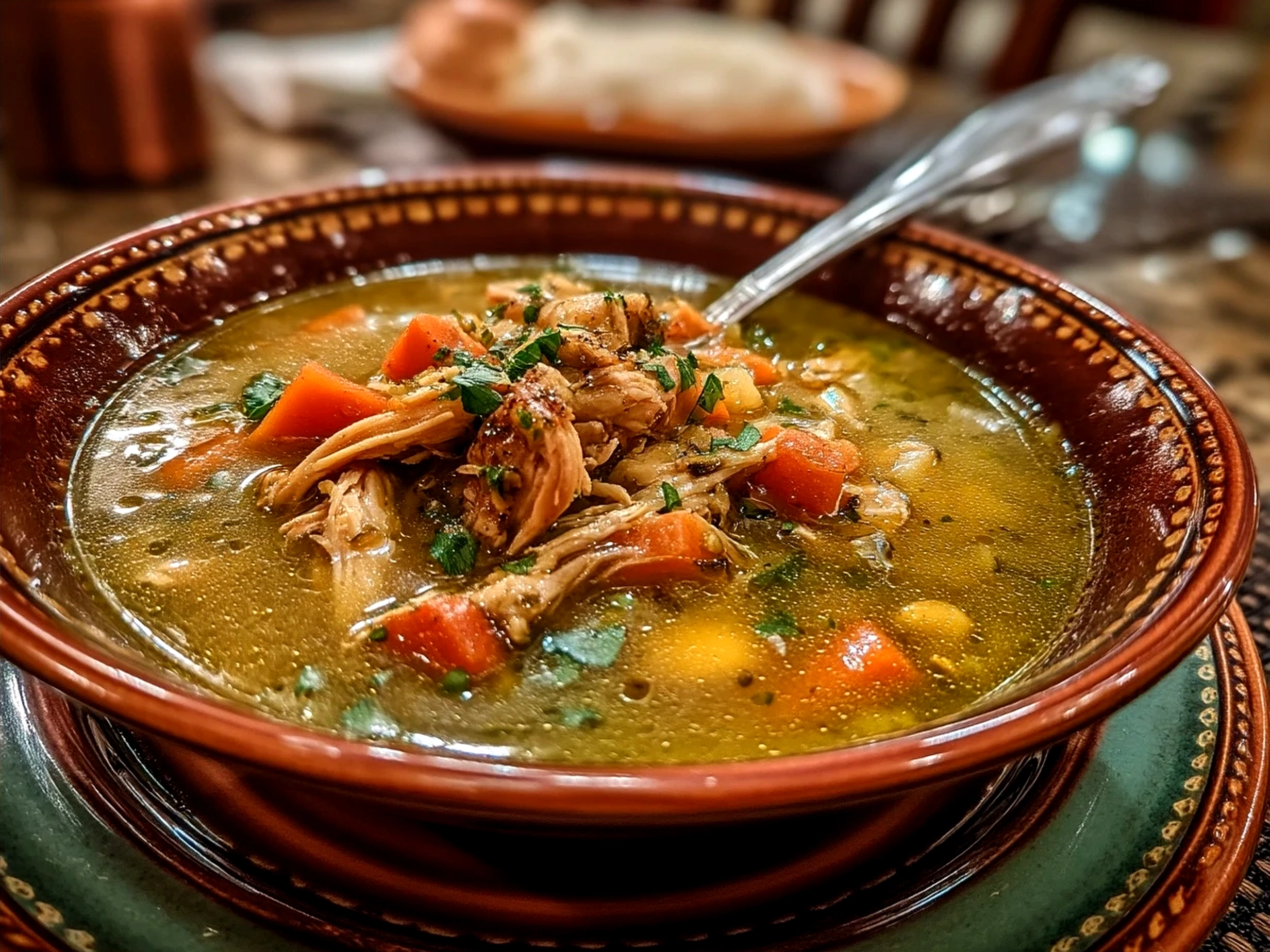 Serving bowl of Green Chicken Chili garnished with cilantro and lime wedges