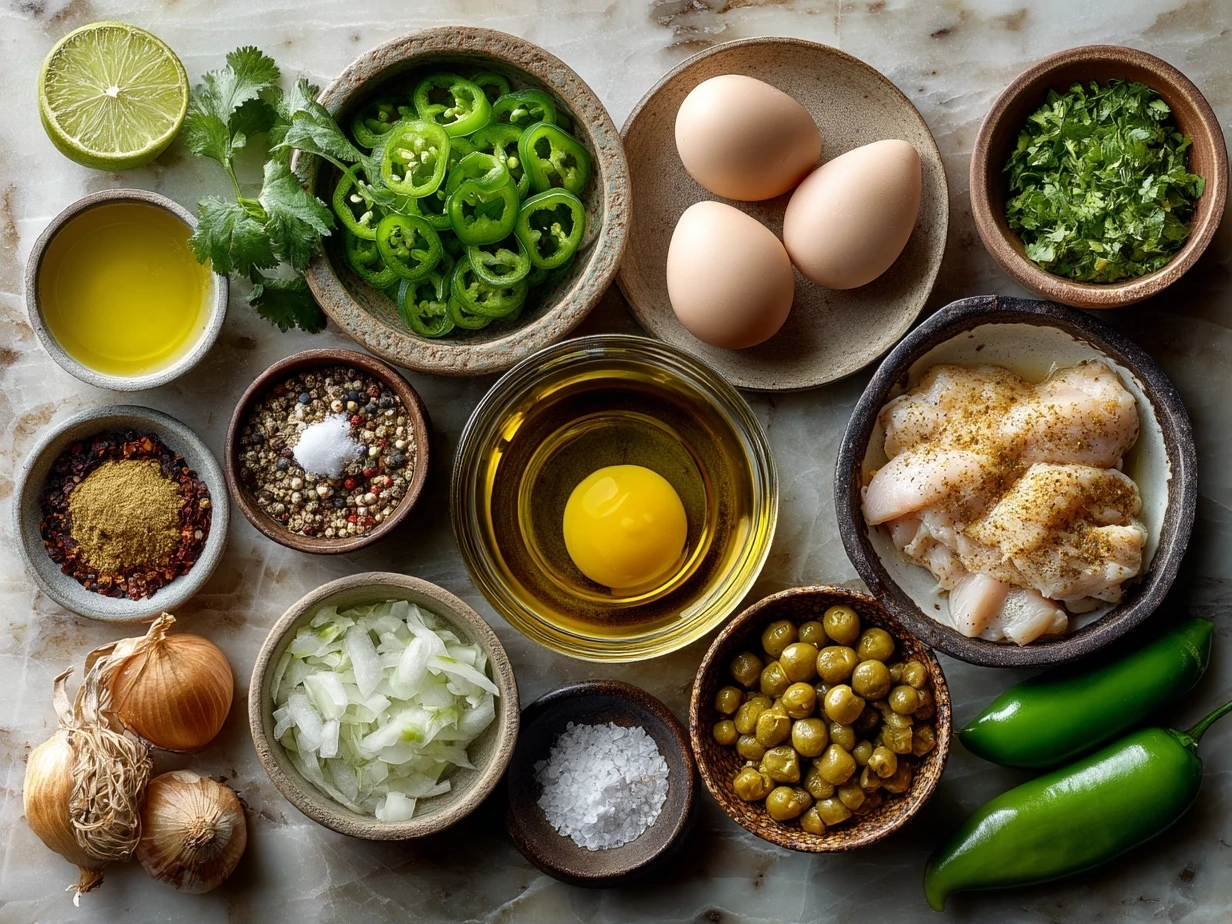 Ingredients for Green Chicken Chili including chicken thighs, tomatillos, poblanos, jalapeños, onion, garlic, and spices