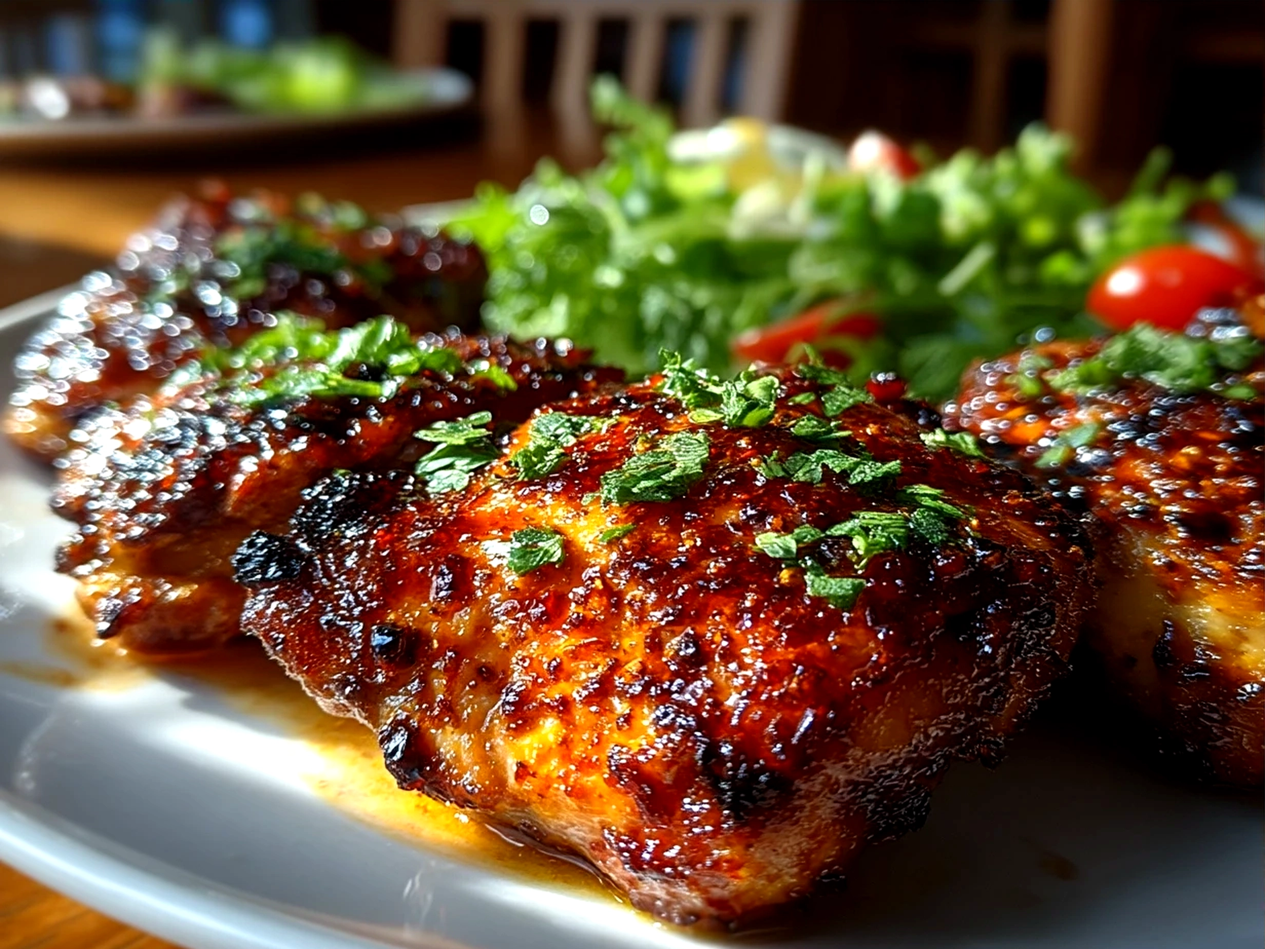 Plated Grilled BBQ Boneless Chicken Thighs served with sides