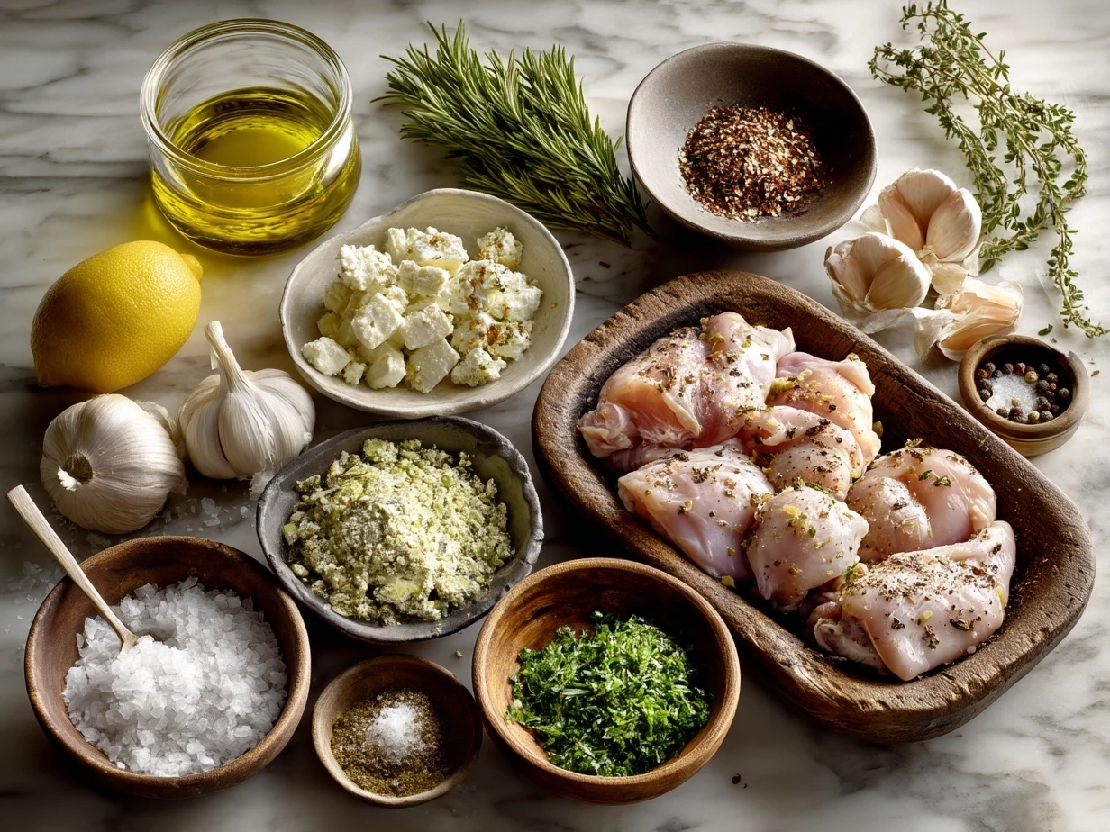 Ingredients for Grilled BBQ Boneless Chicken Thighs including spices and chicken thighs